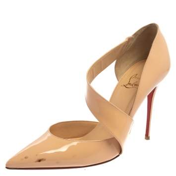 Pre Owned Christian Louboutin Beige Patent Leather Jumping Cross Strap Pumps Size 40