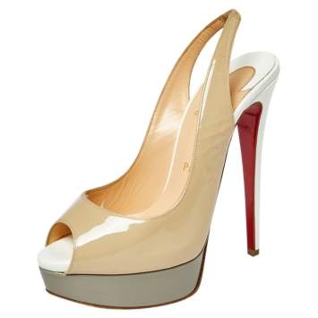Pre Owned Christian Louboutin Beige Patent Leather Lady Peep Toe Slingback Sandals Size 37