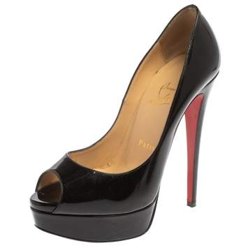 Pre Owned Christian Louboutin Black Patent Leather Lady Peep Pumps Size 37