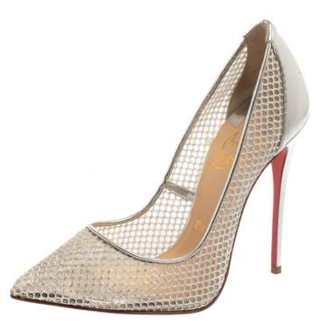 Pre Owned Christian Louboutin Metallic Silver Mesh And Leather Follies Resille Pointed Toe Pumps Size 37