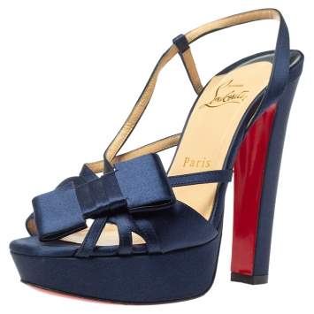 Pre Owned Christian Louboutin Blue Satin Disco Noeud Bow Slingback Platform Sandals Size 38
