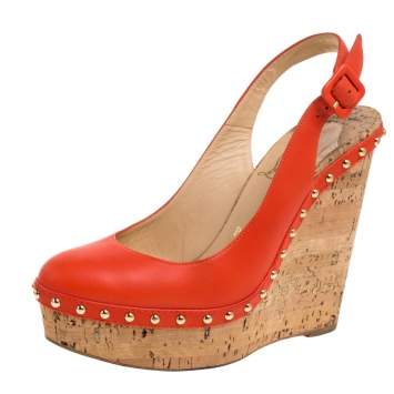 Pre Owned Christian Louboutin Orange Leather Monico Cork Wedges Sandals  Size 38.5