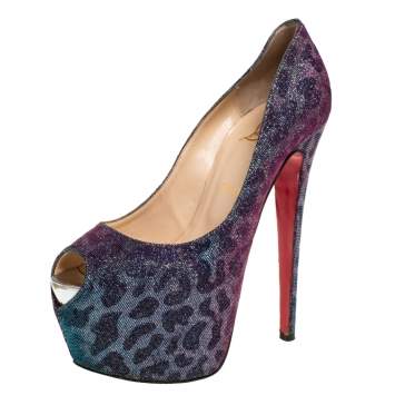 Pre Owned Christian Louboutin Multicolor Leopard Print Lurex Highness Peep Toe Platform Pumps Size 38.5 
