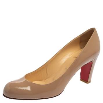 Pre Owned Christian Louboutin Beige Patent Leather Cadrilla Block Heel Pumps Size 40.5