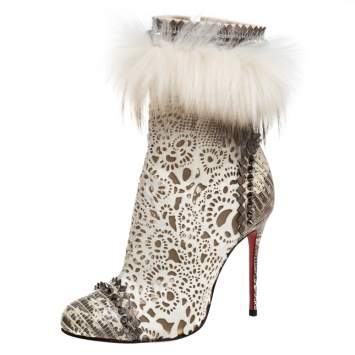 Pre Owned Christian Louboutin Calf Hair And Lizard Skin Tootsie Ankle Boots Size 37