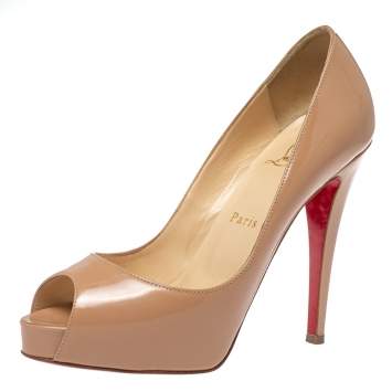 Pre Owned Christian Louboutin Beige Patent Leather Very Prive Peep Toe Pumps Size 36.5
