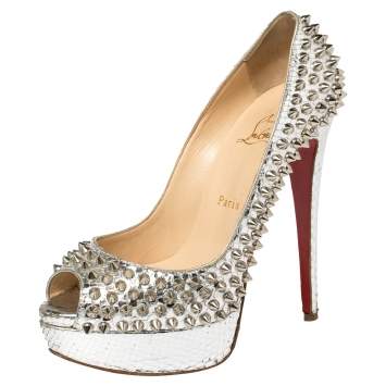 Pre Owned Christian Louboutin Silver Python Spiked Lady Peep Pumps Size 37