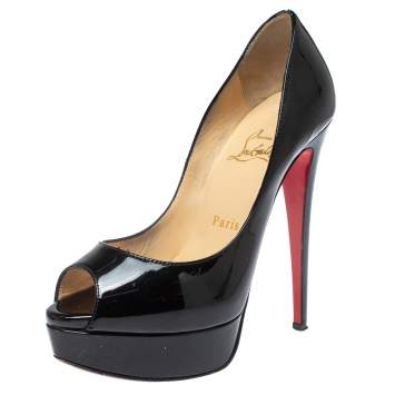 Pre Owned Christian Louboutin Black Patent Leather Lady Peep Platform Pumps Size 36