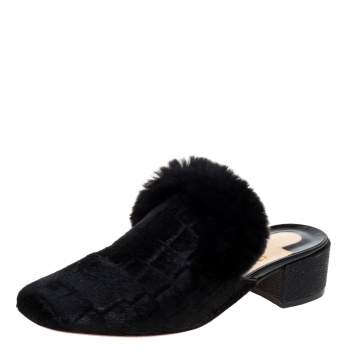 Pre Owned Christian Louboutin Black Croc Print Calfhair and Fur Boudiva Mules Size 36