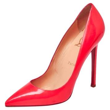 Pre Owned Christian Louboutin Neon Orange Patent Leather Pigalle Pumps Size 37.5 