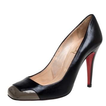Pre Owned Christian Louboutin Black/Gray Leather Square Toe Pumps Size 38