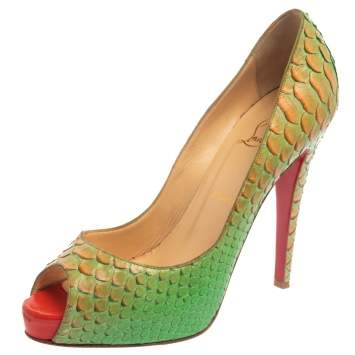 Pre Owned Christian Louboutin Green/Orange Python Very Prive Peep Toe Pumps Size 40