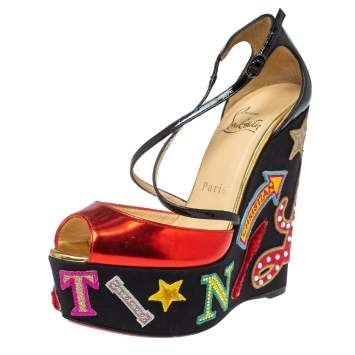 Pre Owned Christian Louboutin Red/Black Patent Leather Loubi Zeppa Crisscross Strass Wedge Platform Sandals Size 35.5