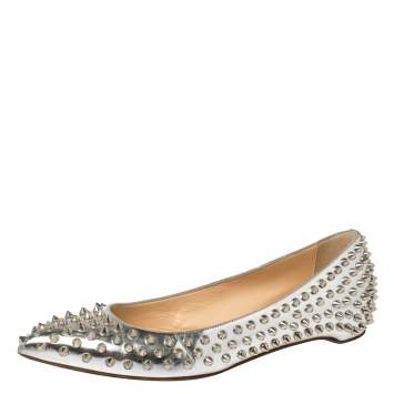 Pre Owned Christian Louboutin Silver Metallic Leather Pigalle Spikes Flats Size 39.5