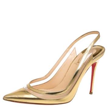 Pre Owned Christian Louboutin Gold Leather And PVC Paulina Pointed Toe Slingback Sandals Size 38.5