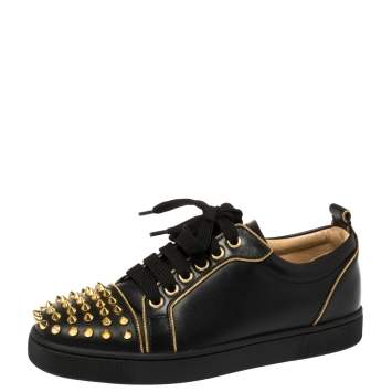 Pre Owned Christian Louboutin Black Leather Louis Junior Spikes Low Top Sneakers Size 35
