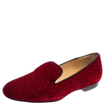 Pre Owned Christian Louboutin Red Quilted Velvet Crystal Embellished Sakouette Smoking Slippers Size 38