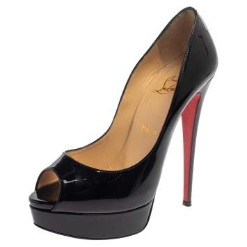 Pre Owned Christian Louboutin Black Patent Lady Peep Toe Platform Pumps Size 39.5