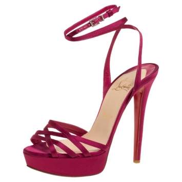 Pre Owned Christian Louboutin Pink Satin Platform Ankle Wrap Sandals Size 38