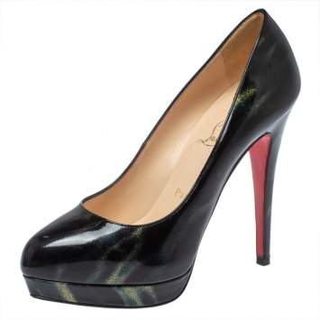 Pre Owned Christian Louboutin Black/Multicolor Glitter Patent Leather Simple Platform Pumps Size 37.5