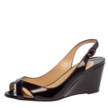 Pre Owned Christian Louboutin Burgundy Patent Leather Marpoil Sanzep Wedge Sandals Size 38