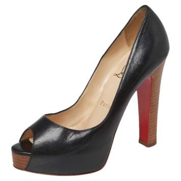 Pre Owned Christian Louboutin Black Leather Gabin Peep Toe Platform Pumps Size 38.5
