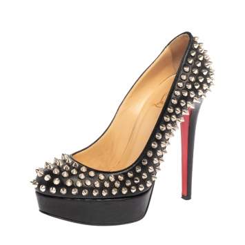 Pre Owned Christian Louboutin Black Leather Bianca Spikes Pumps Size 37