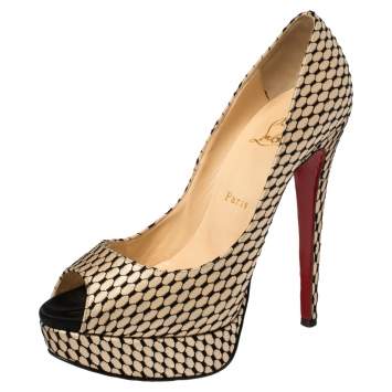 Pre Owned Christian Louboutin Beige/Black Satin Lady Peep Toe Platform Pumps Size 39