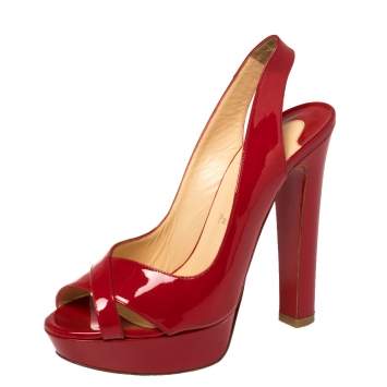 Pre Owned Christian Louboutin Red Patent Leather Marpoil Peep Toe Platform Slingback Sandals Size 38.5