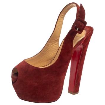Pre Owned Christian Louboutin Mahogany Red Suede Peep Toe High Platform Sandals Size 36