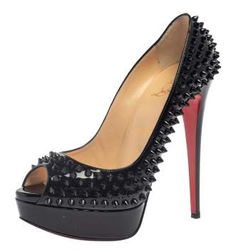 Pre Owned Christian Louboutin Black Patent Leather Lady Peep Toe Spike Platform Pumps Size 39