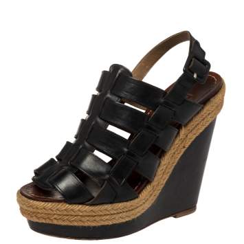 Pre Owned Christian Louboutin Black Leather Caged Espadrille Wedge Sandals Size 36