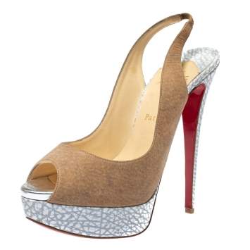 Pre Owned Christian Louboutin Beige/Grey Leather And Suede Platform Peep Toe Slingback Sandals Size 40