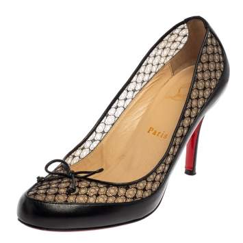 Pre Owned Christian Louboutin Black Leather And Lace Bow Pumps Size 38.5