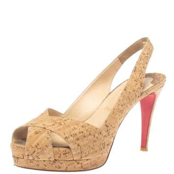 Pre Owned Christian Louboutin Brown/Beige Cork Soso Criss Cross Platform Slingback Sandals Size 39