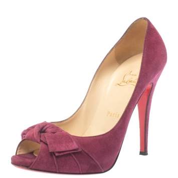Pre Owned Christian Louboutin Purple Suede Leather Bow Peep Toe Pumps Size 39