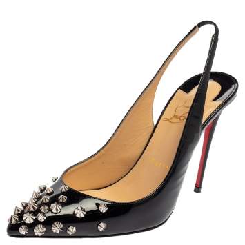 Pre Owned Christian Louboutin Black Patent Leather Drama Studded Slingback Sandals Size 38.5