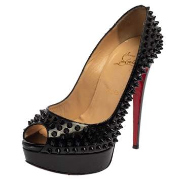 Pre Owned Christian Louboutin Black Patent Lady Peep Toe Spike Platform Pumps Size 38.5