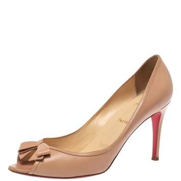 Pre Owned Christian Louboutin Beige Leather Milady Bow Open Toe Pumps Size 41