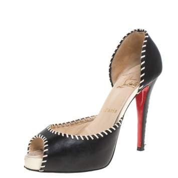 Pre Owned Christian Louboutin Black Leather Whipstitch Detail Peep Toe D'Orsay Pumps Size 39.5