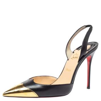 Pre Owned Christian Louboutin Black Leather Calamijane Cap Toe Slingback Sandals Size 38.5