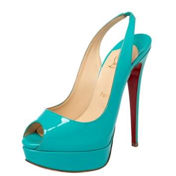 Pre Owned Christian Louboutin Blue Patent Leather Lady Peep Platform Sandals Size 38