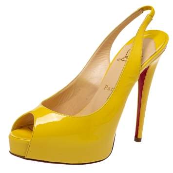 Pre Owned Christian Louboutin Yellow Patent Leather Private Number Slingback Sandals Size 38