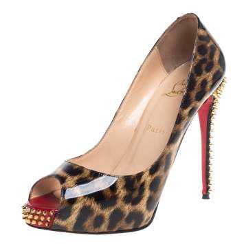 Pre Owned Christian Louboutin Brown/Beige Leopard Print Patent Leather New Very Prive Spikes Platform Pumps Size 39.5