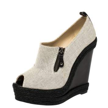 Pre Owned Christian Louboutin White/Black Canvas Deroba Wedge Peep Toe Pumps Size 37