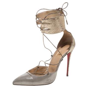 Pre Owned Christian Louboutin Metallic Gold Python Embossed Leather And Glitter Nubuck Corsankle Sandals Size 41