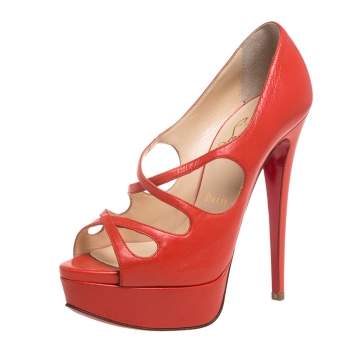 Pre Owned Christian Louboutin Orange Leather Mademoi Criss Cross Peep Toe Pumps Size 36.5