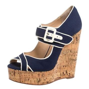 Pre Owned Christian Louboutin Blue Canvas Melides Wedge Sandals Size 37.5