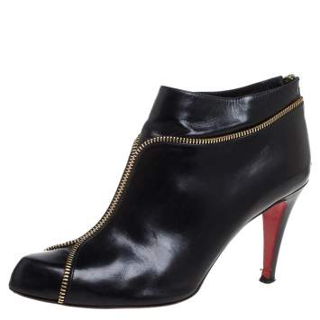 Pre Owned Christian Louboutin Black Leather Col Zipped Ankle Boots Size 39.5