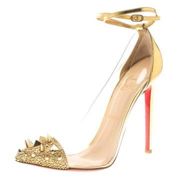 Pre Owned Christian Louboutin Gold  Leather and PVC  Spike Embellished Ankle Wrap Pumps Size 41